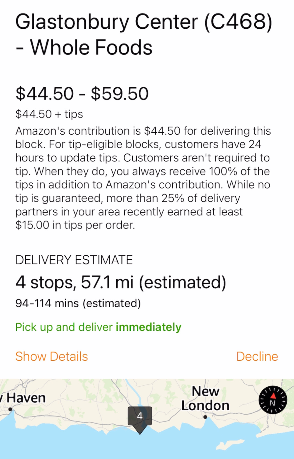 Amazon Flex delivery distance Whole Foods