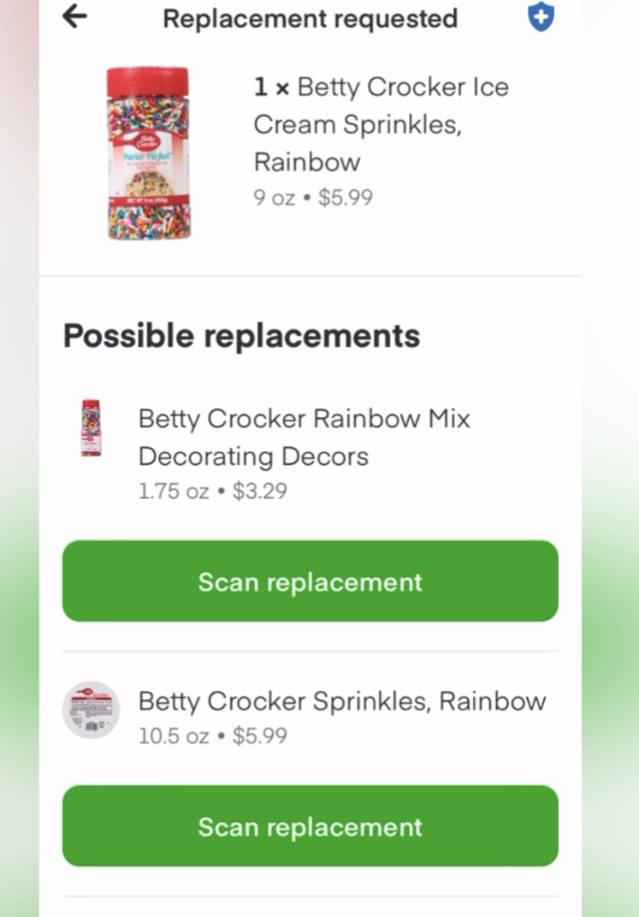 Instacart replacement requested