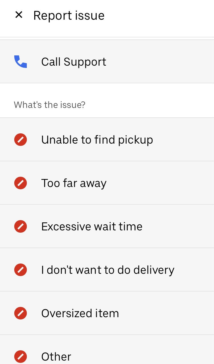 Screenshot of reason for dropping an UberEats order
